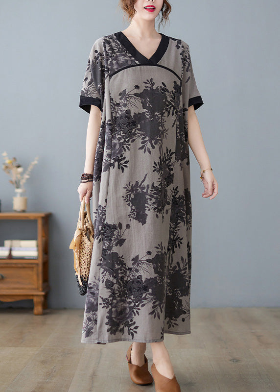 Floral Print V-Neck Contrast Trim Short Sleeve Pocket Maxi Dress