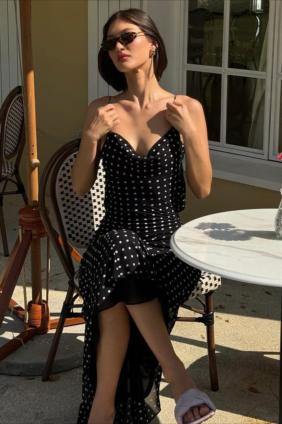 Polka Dot Cowl Neck Spaghetti Strap Maxi Dress