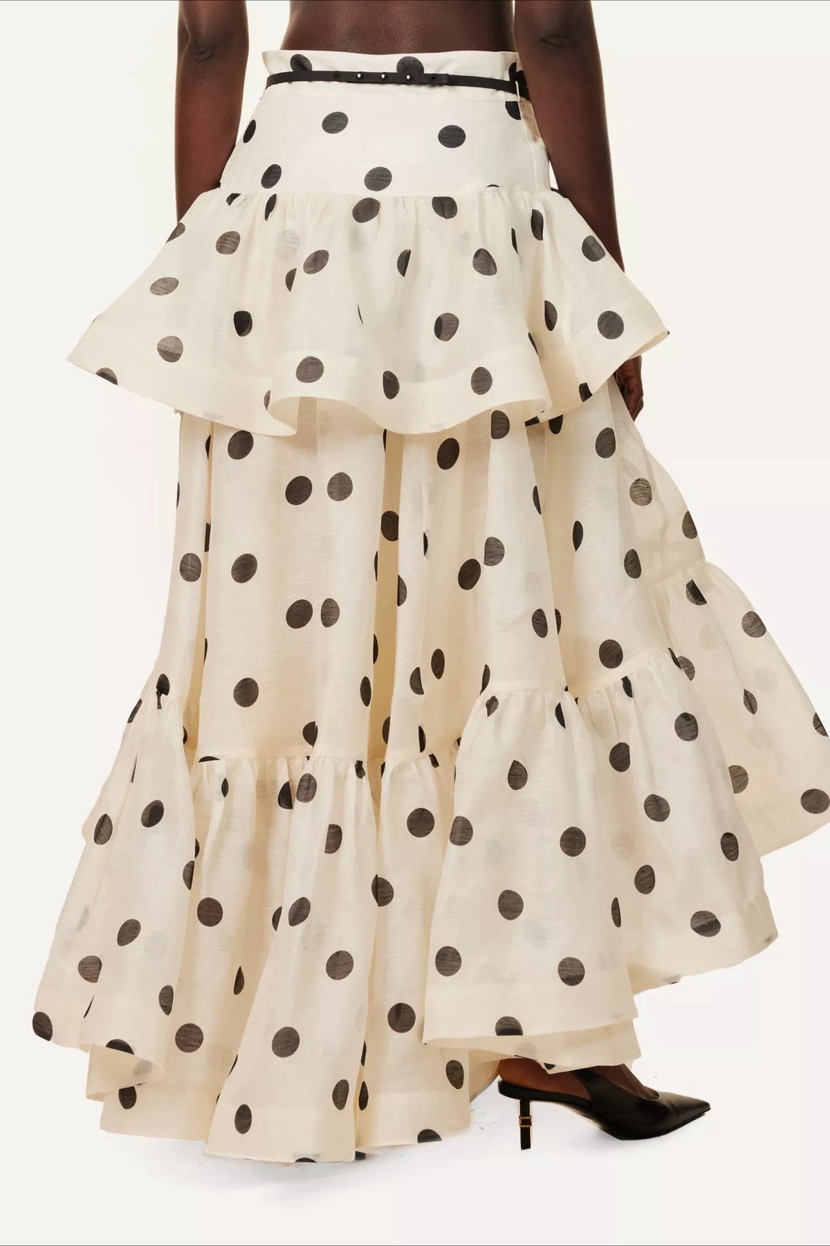 Tiered Ruffle Polka Dot Midi Skirt