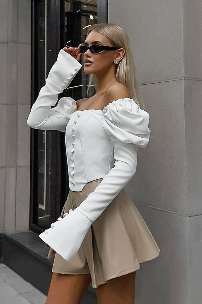 Satin Square Neck Puff Sleeve Blouse - Fashionpara