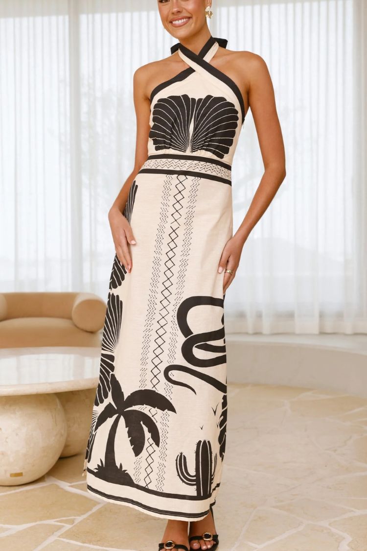 Shell Print Holiday Style Halter Neck Maxi Dress - Fashionpara