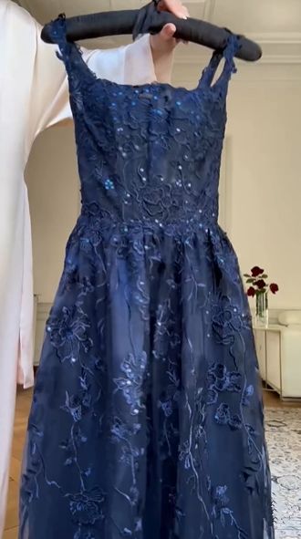 Blue A Line Lace Appliques Prom Dress Elegant Evening Gown - Fashionpara