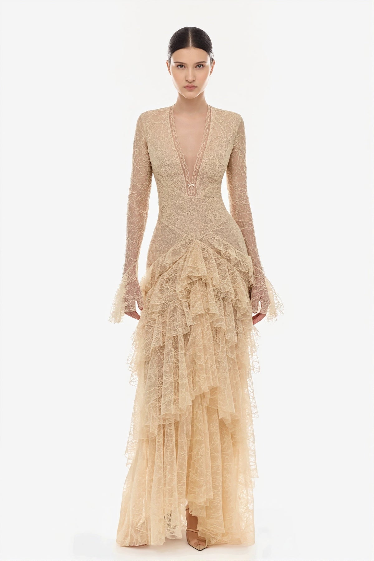 Lace Long Sleeve Deep V Ruffle Maxi Gown