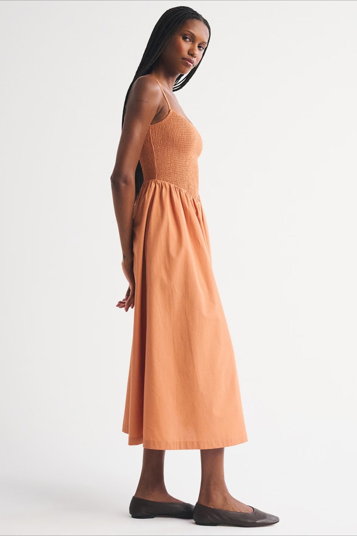 Striped Shirred Bodice A-Line Midi Dress