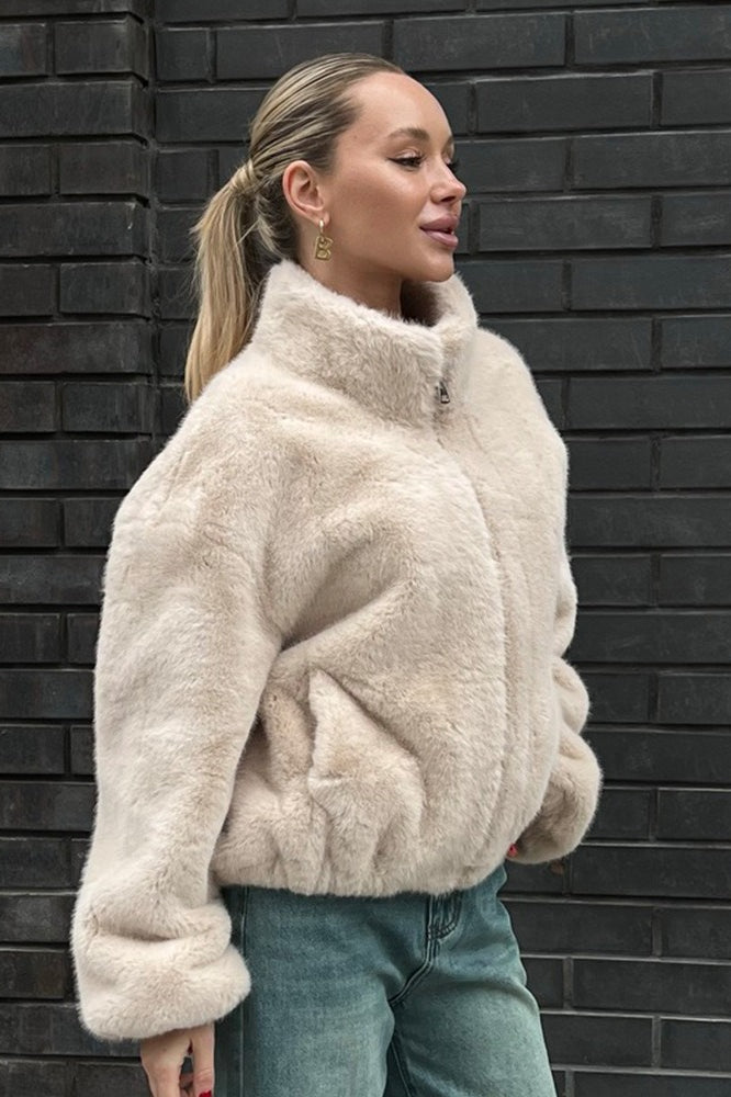 Zip Up Fuzzy Stand Collar Coat
