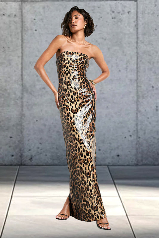 Leopard Print Sequin Strapless Bodycon Maxi Dress 2