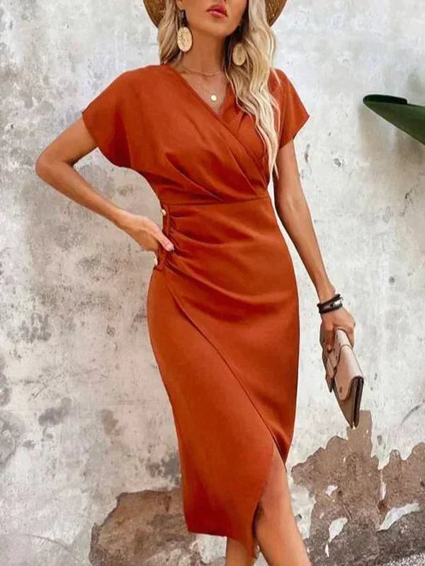 Short Sleeve Deep V-Neck Ruched Wrap High Split Midi Dress - View 4