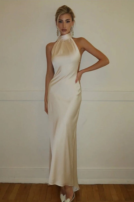 Satin High Halter Neck Bias-Cut Column Maxi Dress