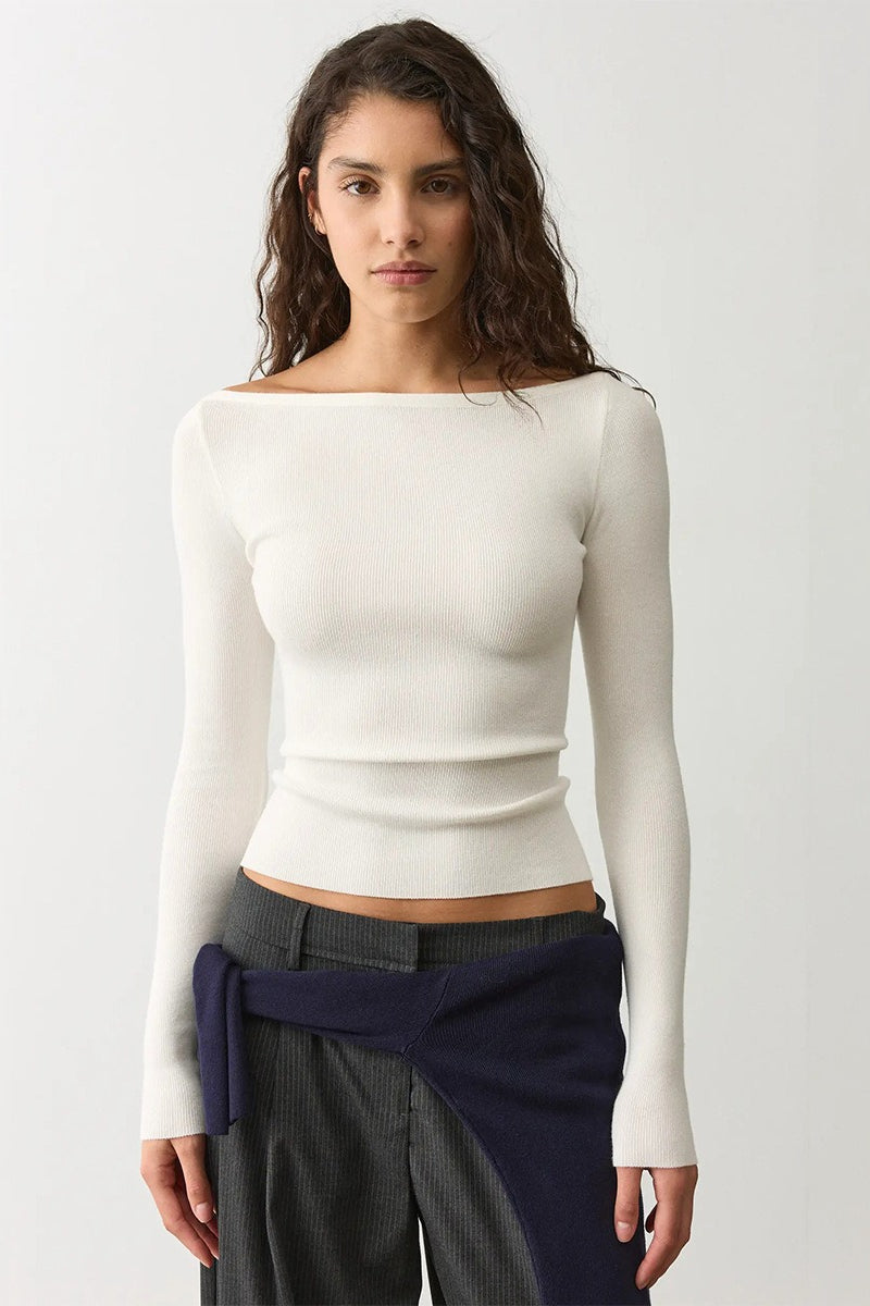 Boat Neck Fitted Fine Knit Sweater