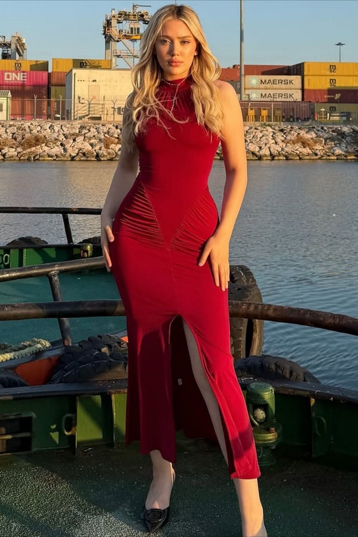 High Slit Strapless Bodycon Work Dress