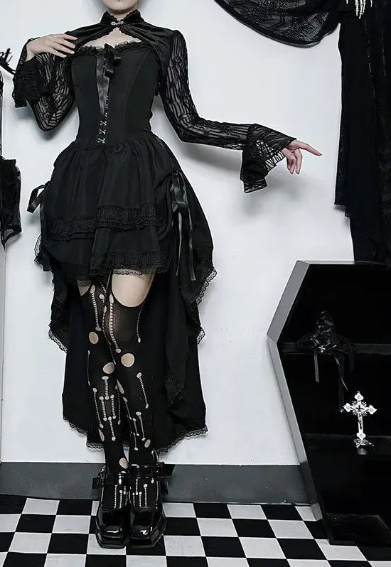 Uneven Folded Lace Black Midi Dress