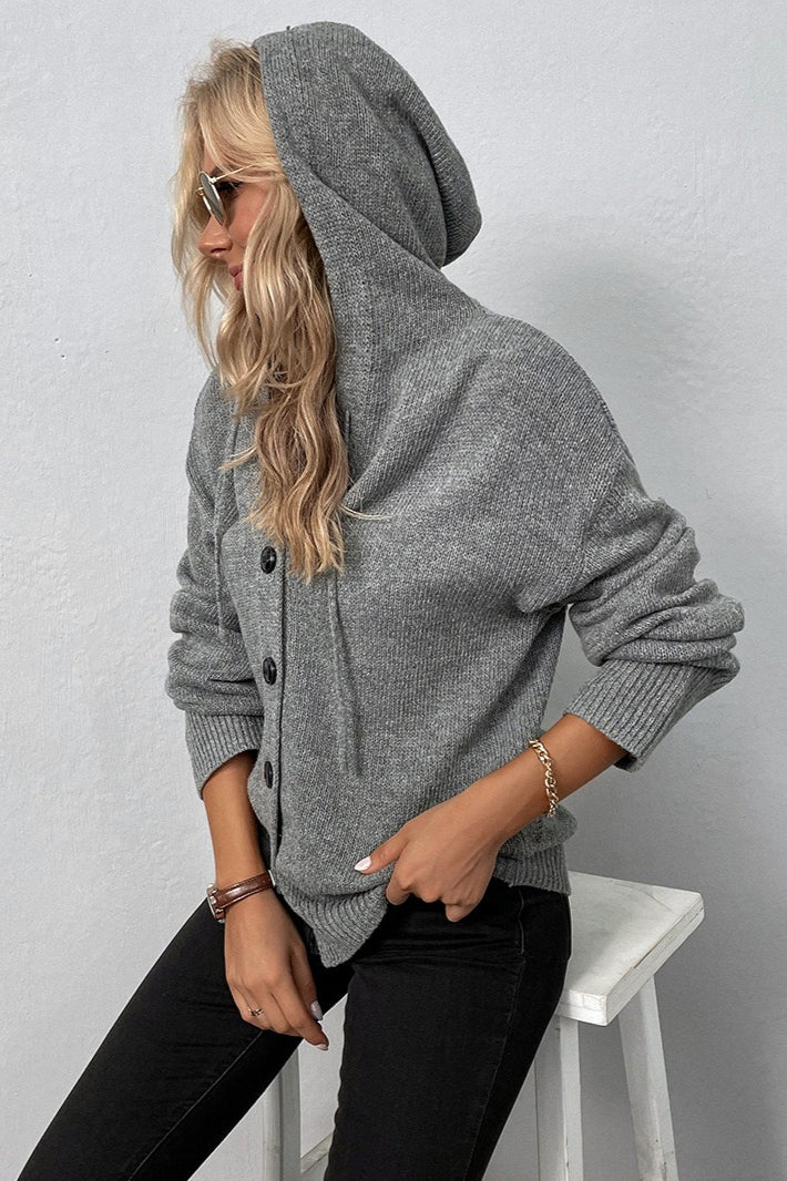 Hooded Drawstring Button Front Knit Cardigan 5