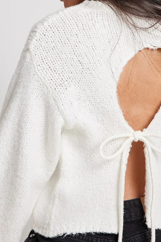 PrincessAce Backless Tie-Knit Crew Neck Long Sleeve Sweater