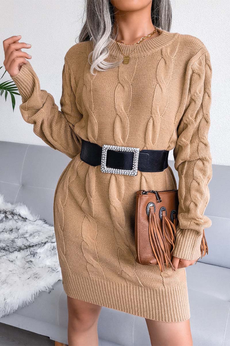 Solid Cable-knit Round Neck Sweater Dress  Fashionpara