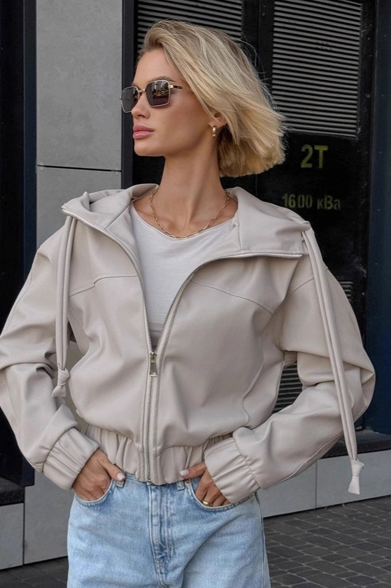 PU Leather Hooded Casual Jacket