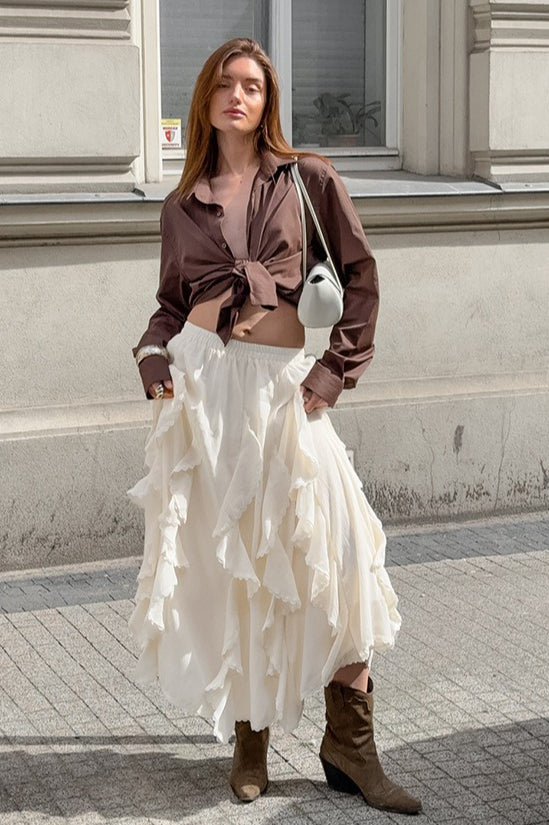 Apricot Ruffle Chic Lace Trim Skirt