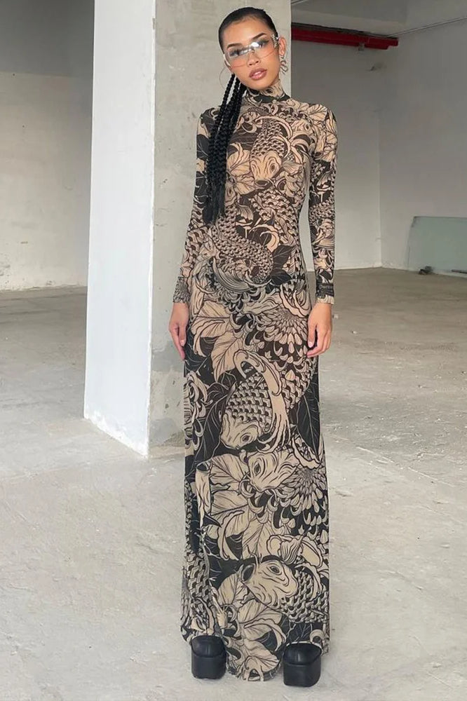 Weird Puss Mesh Print Maxi Dress