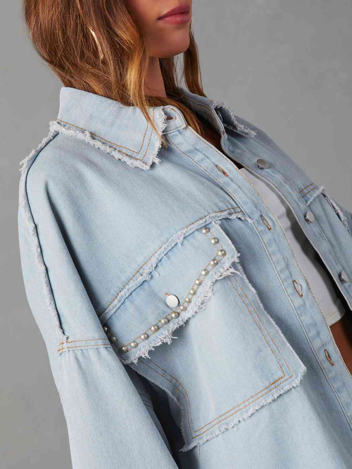Long Raw Down Arm Denim Top Hem Button Jacket 8