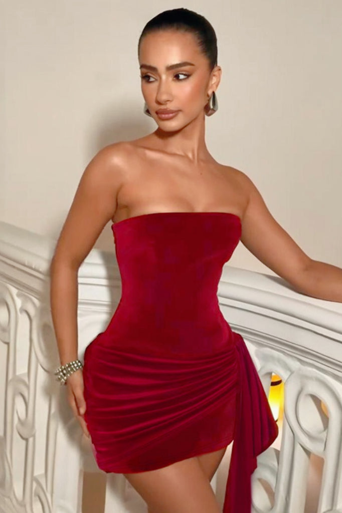 Velvet Strapless Ruched Draped Mini Dress