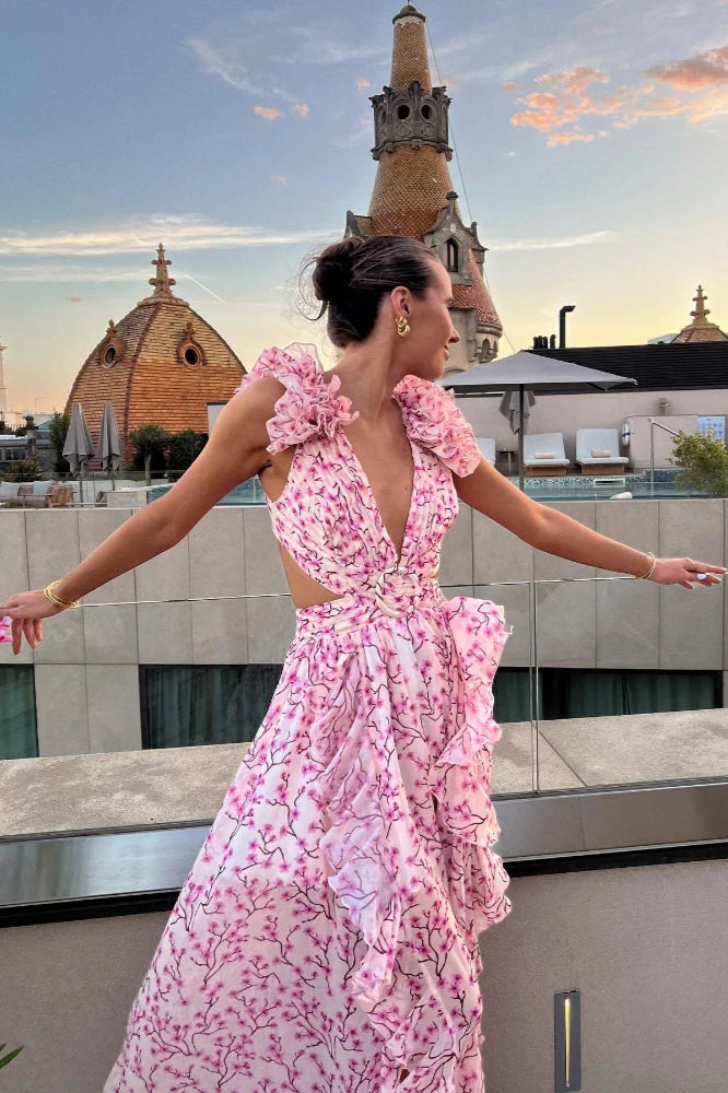 Floral Print Plunge Ruffle Cutout Tiered Maxi Dress
