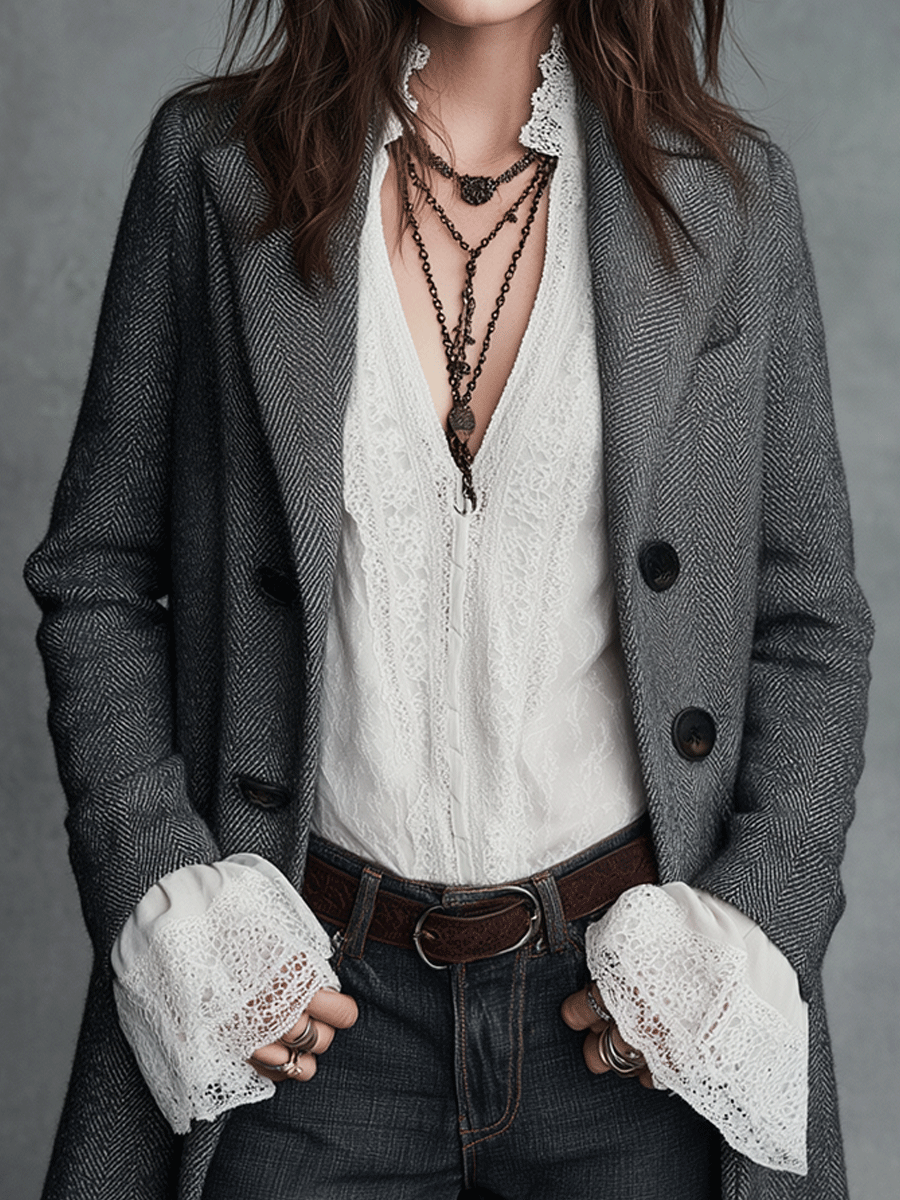 Classic Grey Herringbone Wool Blend Double-Breasted Long Coat - Fashionpara