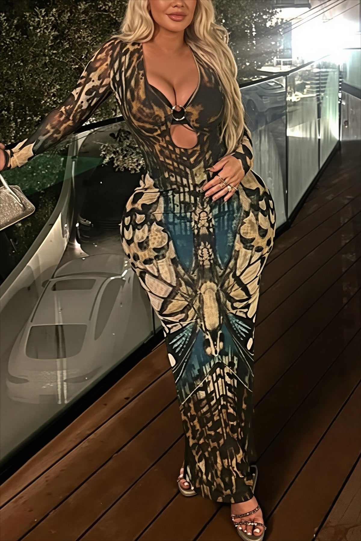 Butterfly Print Mesh Long Sleeve Cut Out Bodycon Maxi Dress 4
