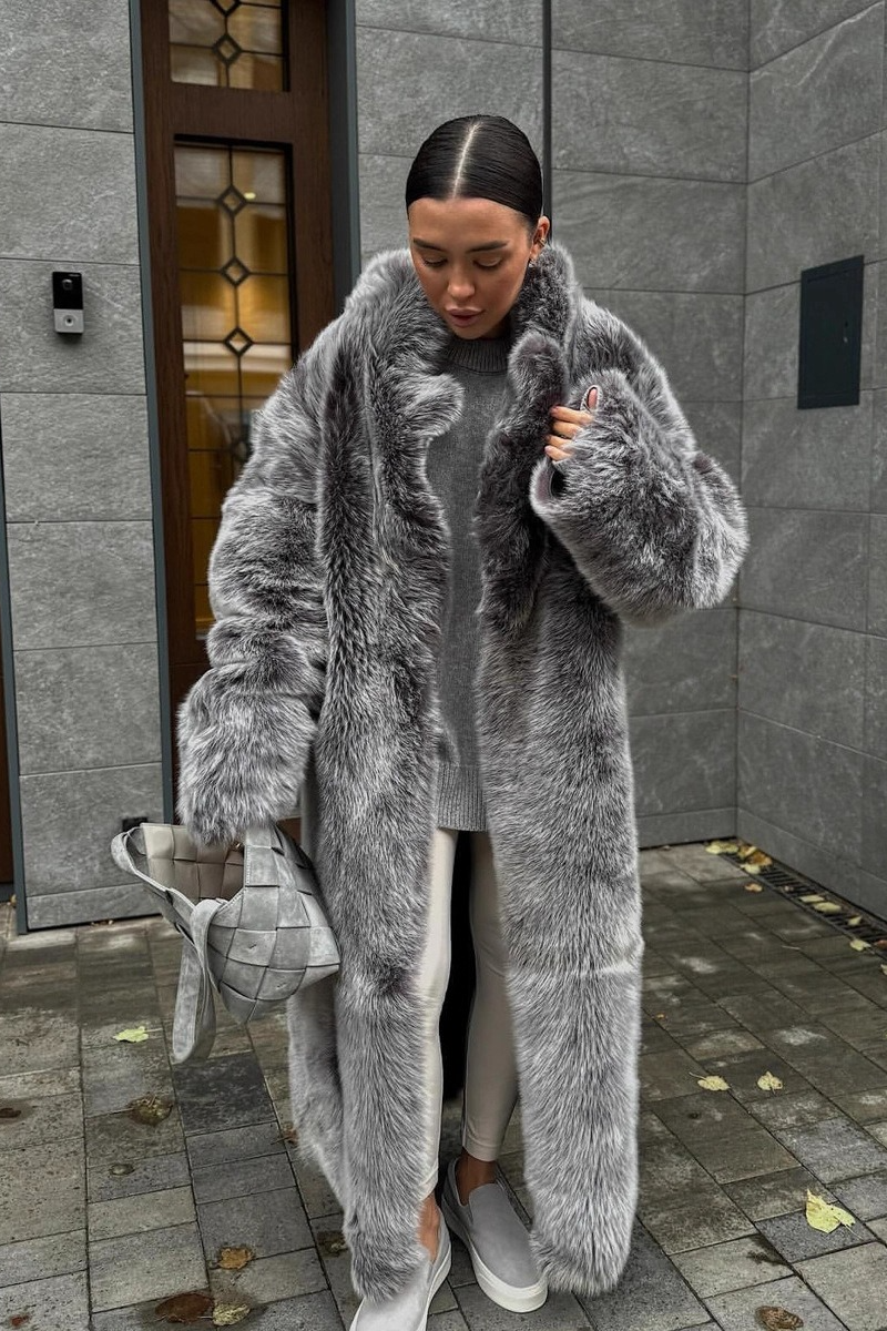 Long Eco Faux Fox Fur Plush Bicolor Overcoat - Fashionpara