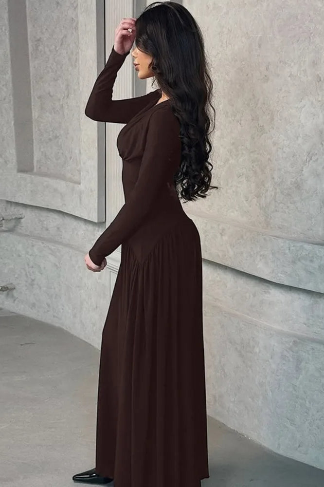 V-Neck Long Sleeve Empire Waist Maxi Dress