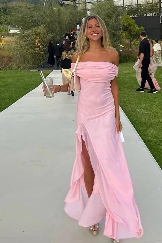 Off-Shoulder Ruffle Mesh Split Maxi Party Dress