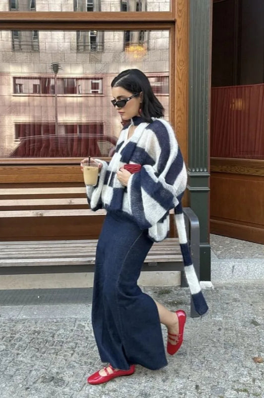 V-Neck Patchwork Knit Cardigan