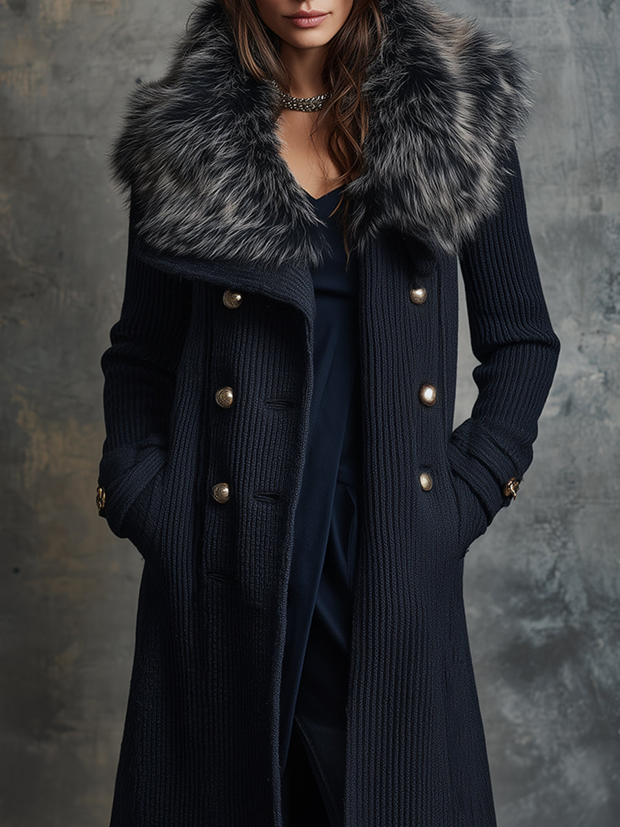 Quiet Luxury Ribbed Knitted Large Lapel Removable Fur Collar Coat