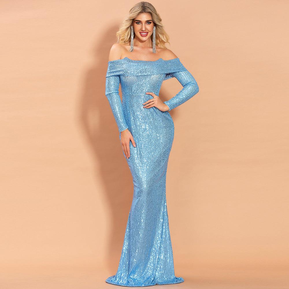 Tiffany Blue Long Sleeve Sequins Dress - Fashionpara