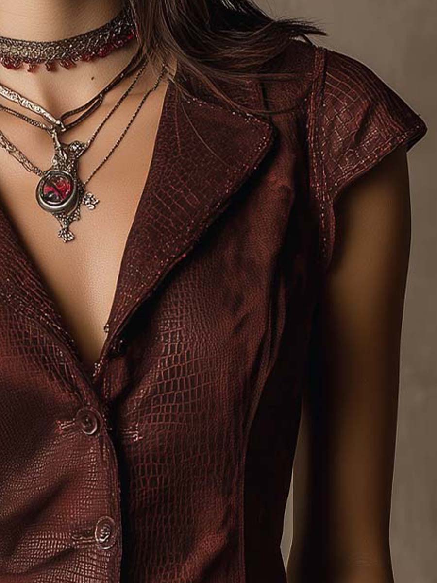 Burgundy Western Croc Embossed Faux Leather With Micro Suede Vest - Fashionpara