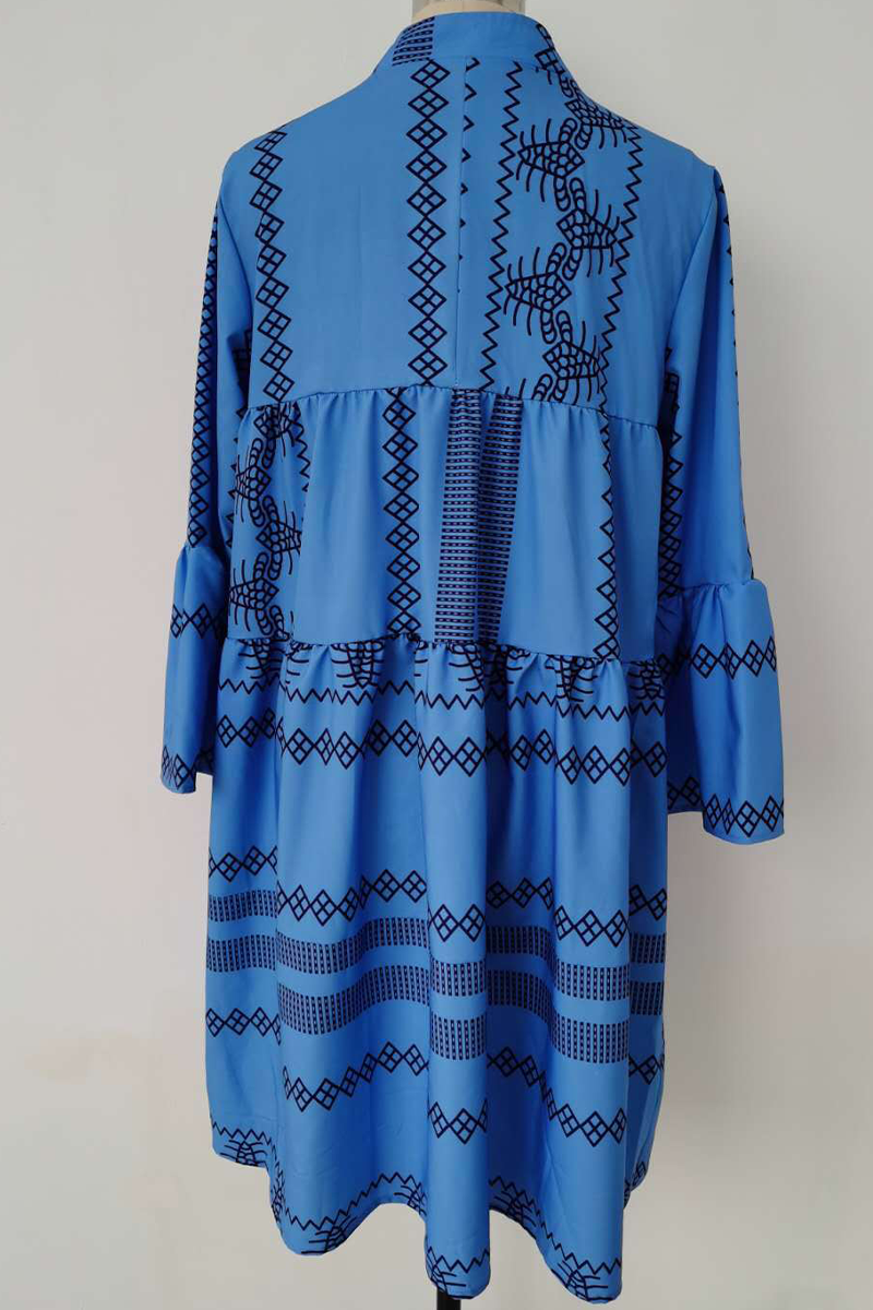 Mandarin Collar V-Neck Long Sleeve Geometric Print Tiered Mini Dress - View 6