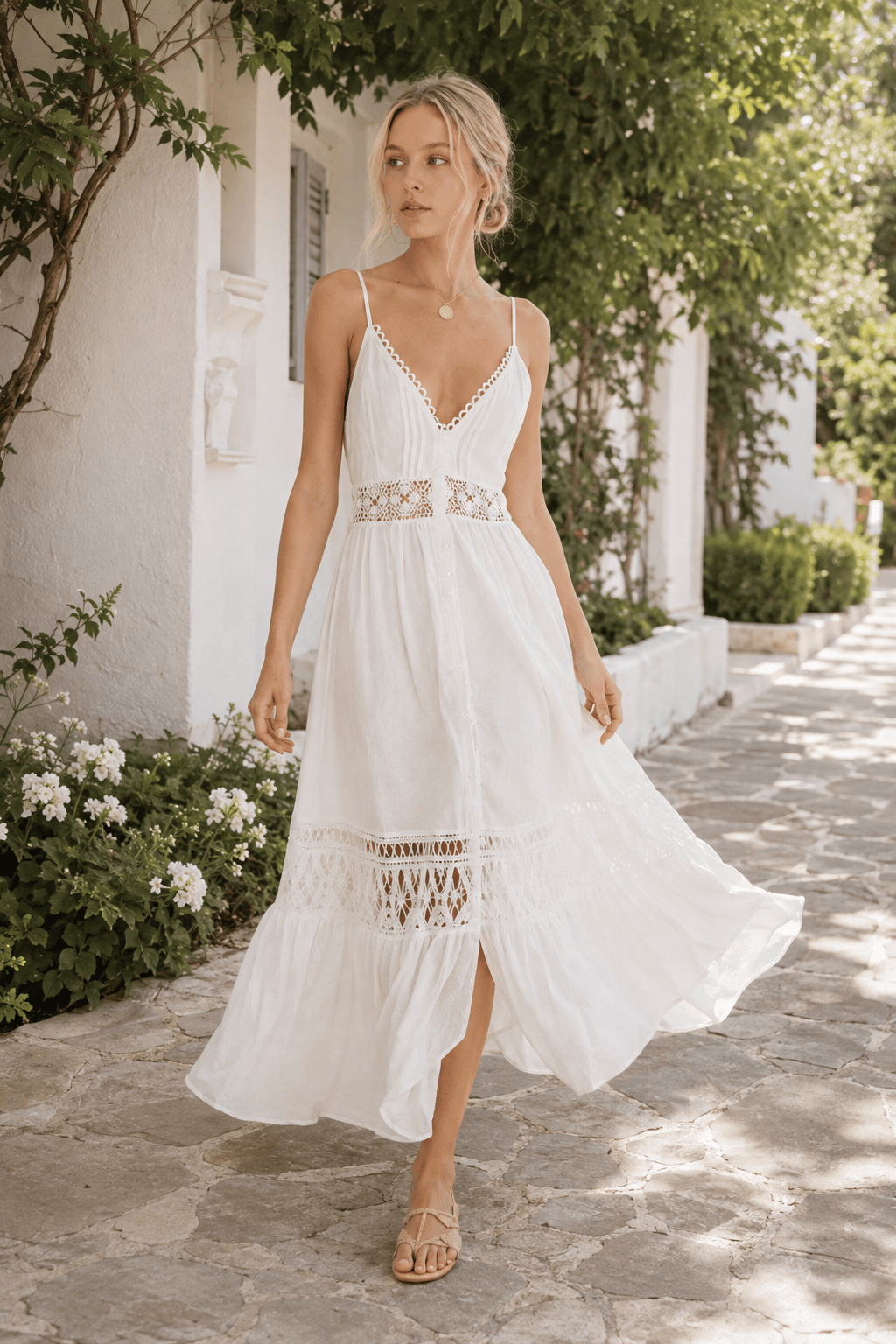 Crochet Lace Trim V-Neck Tiered Maxi Dress