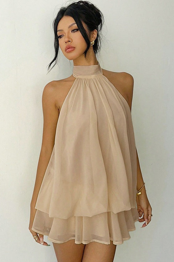 Chiffon Halter Neck Tiered Swing Mini Dress