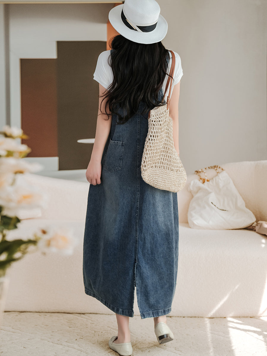 Denim Bib Front Overall Strap Pocket A-Line Maxi Jumper Dress - View 5