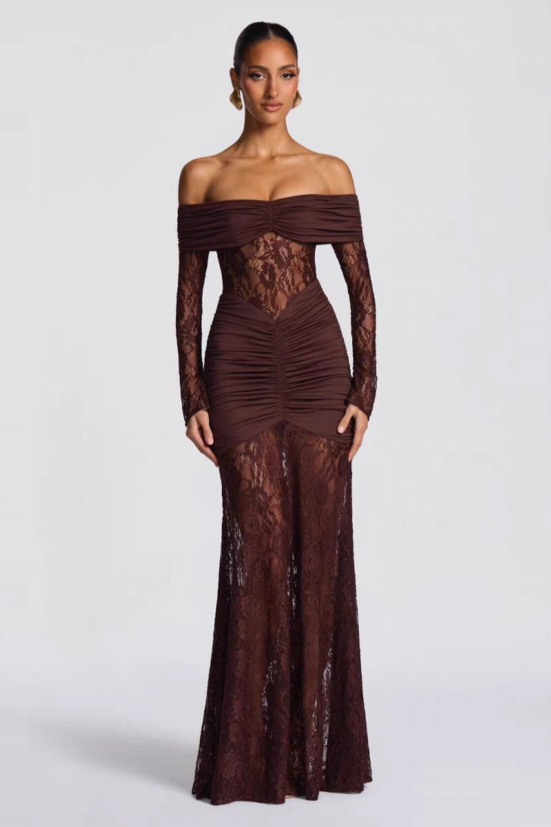 Lace Off Shoulder Long Sleeve Ruched Mermaid Gown - View 4