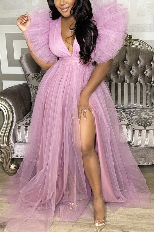 Plus Size Tulle Dresses Puff Sleeve Maxi Dress Fashionpara