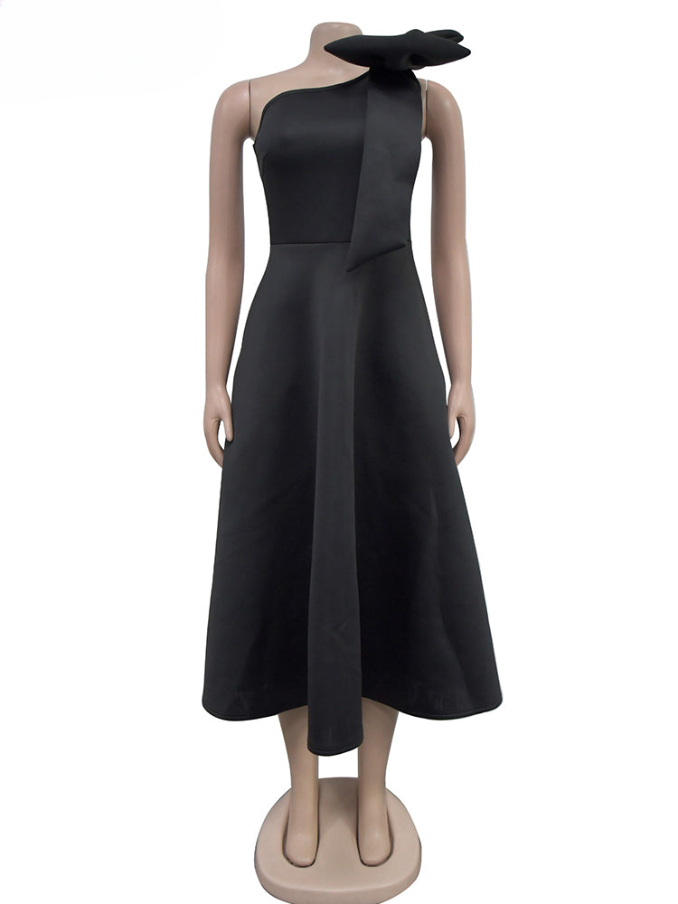 Red Christmas Party Dress with A Line Pleated One Shoulder Bow - Fashionpara