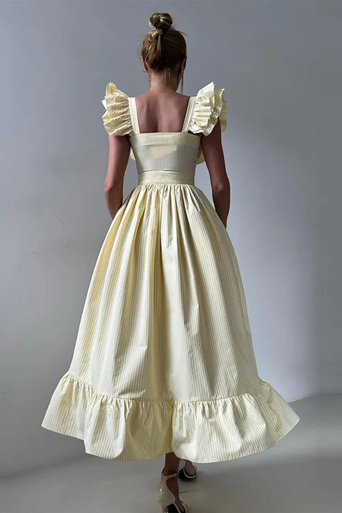 Ruffle Striped Square Collar Floral Dress