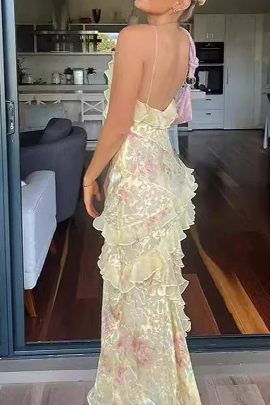 V Neck Ruffled Floral Print Vacation Dress