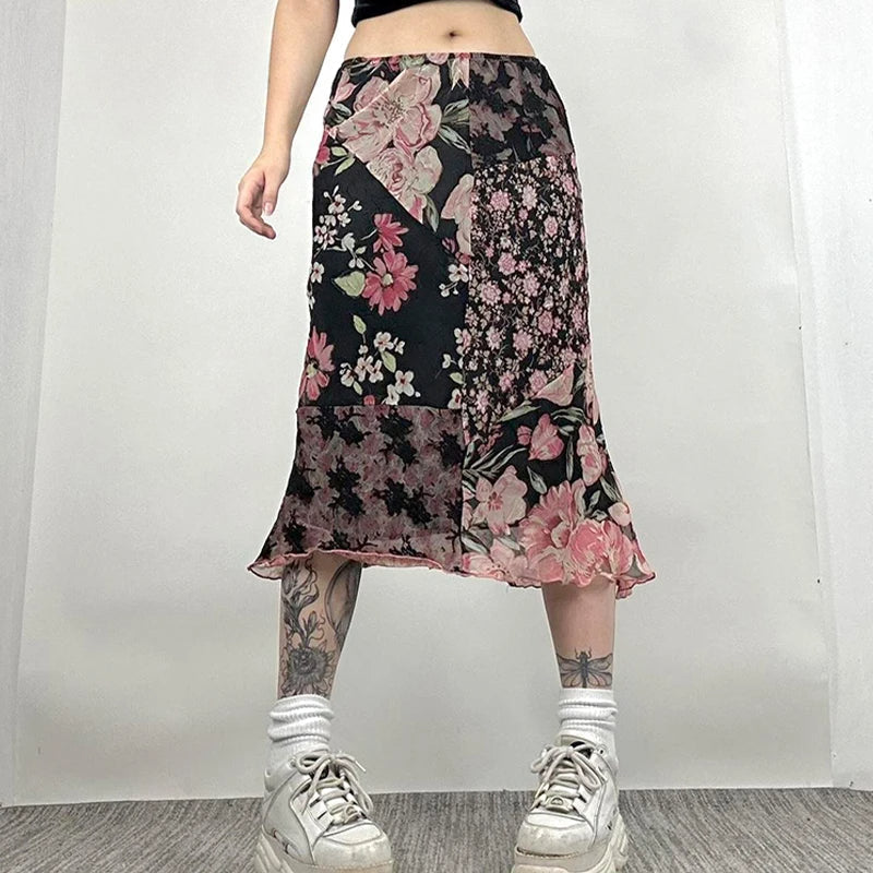 Chic Floral Print Low Rise Patchwork Skirt Black / S skirt-250126