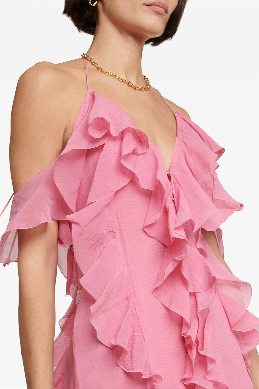 Ruffle Deep V-Neck Cold-Shoulder Maxi Gown 4