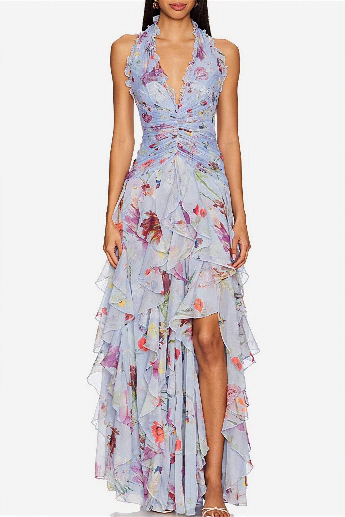 Floral Ruffle Halter Neck High Split Maxi Gown
