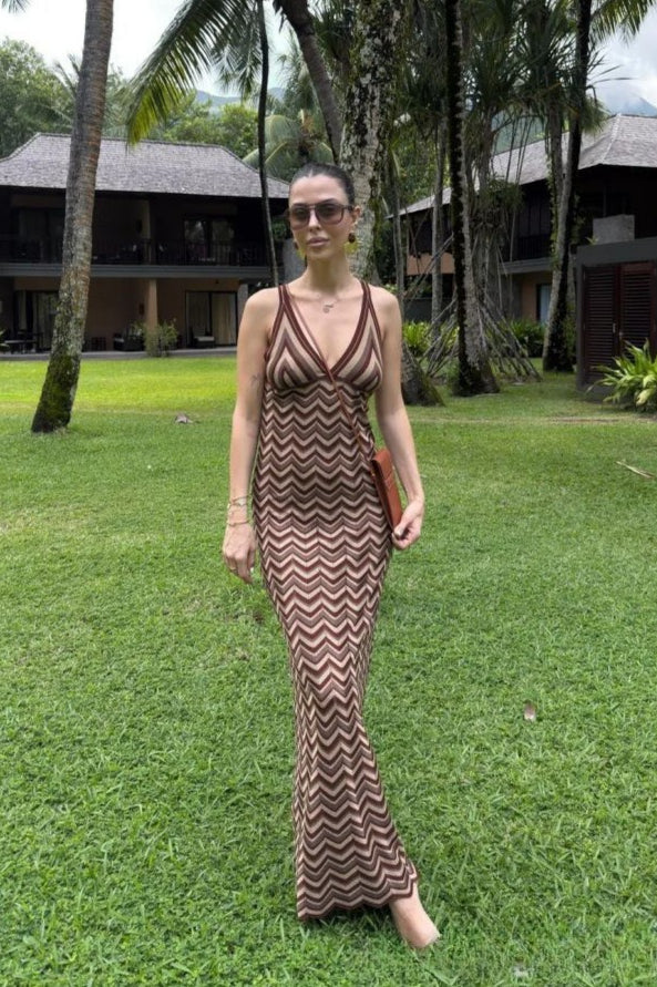 Wave Print Knit V-Neck Sleeveless Maxi Dress 5