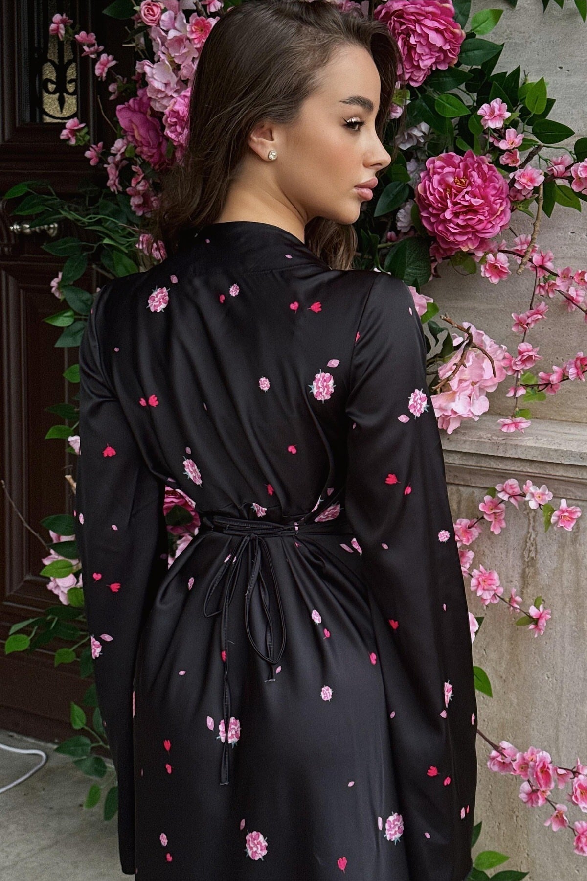 Floral Satin V-Neck Long Sleeve Maxi Gown
