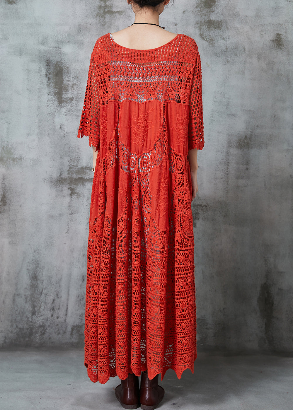 Crochet Lace Embroidered Floral Three Quarter Maxi Dress - View 4