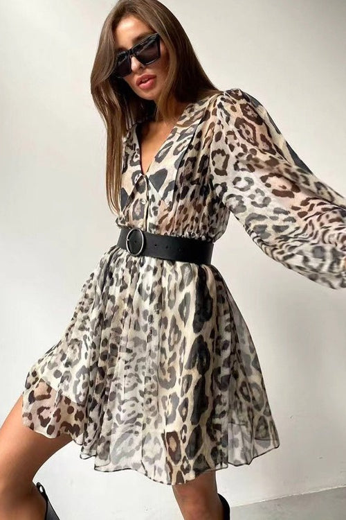 Chiffon Leopard Print Peter Pan Collar Mini Dress