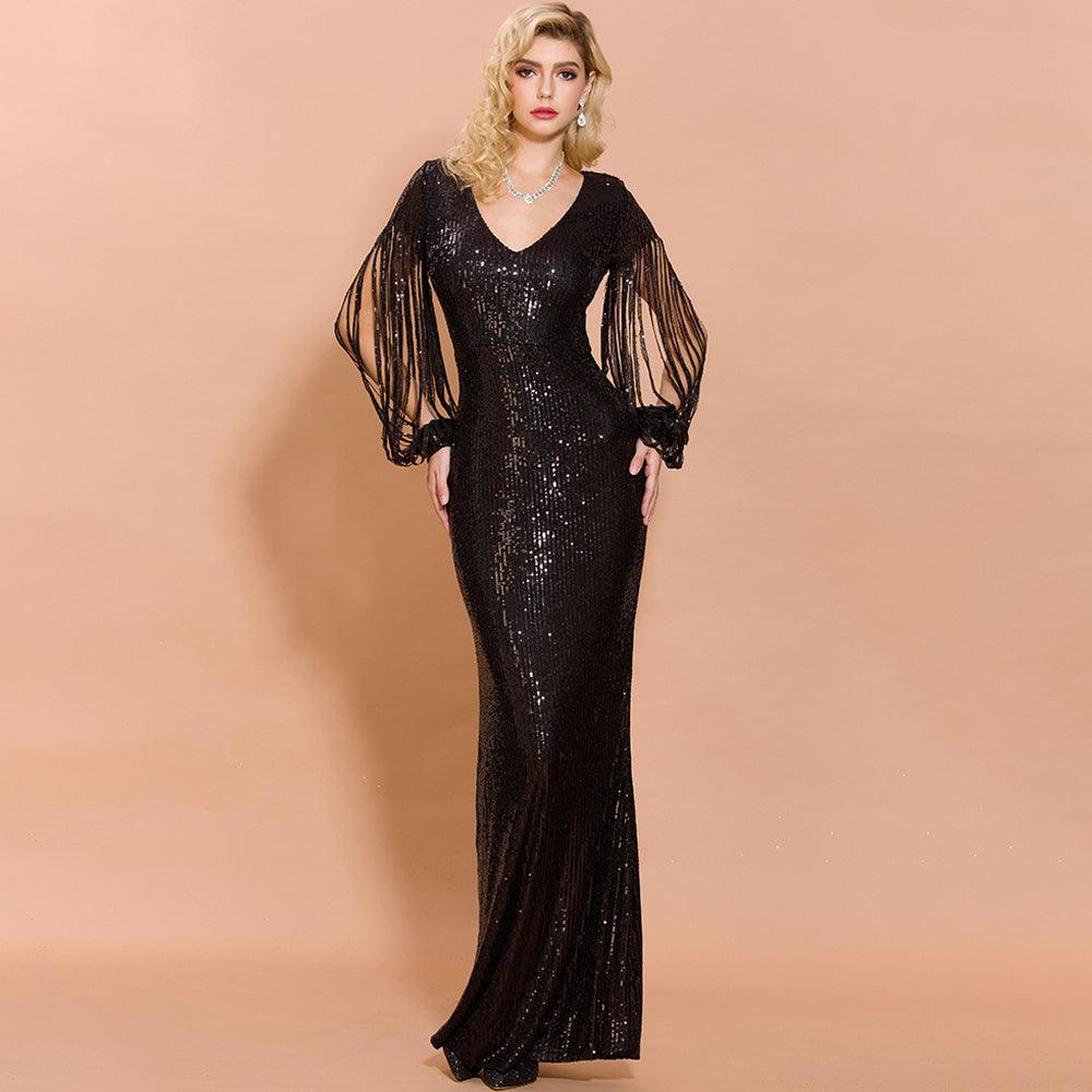 Fringed Sleeves Elegant Sequin Dress - Fashionpara